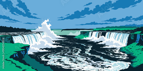 Niagara Falls Aerial Perspective with River and Cliffs – Ultra‑Wide Flat Vector Panoramic Illustration | USA US U.S. United States Banner, Card & Flyer Design