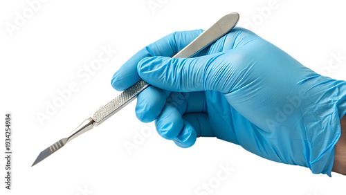 Hand in blue glove holding scalpel cut out on PNG. AI GENERATED.