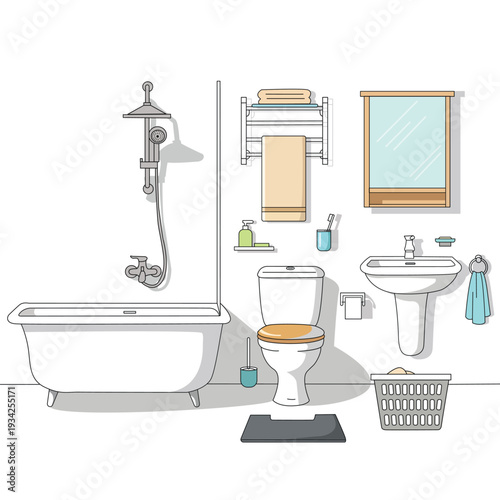 Modern Bathroom Interior Fixtures Line Drawing Vector