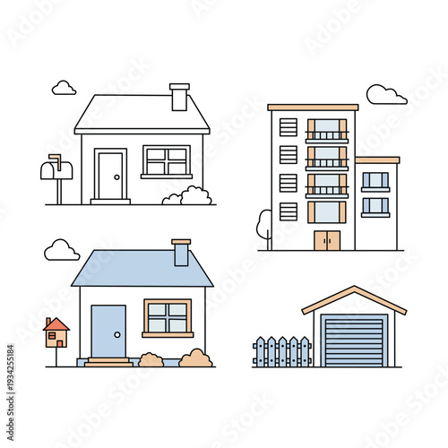  Residential Buildings and Structures Line Drawing Vector