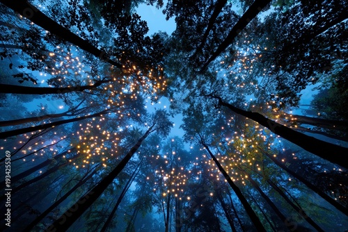 Magical forest canopy at night with sparkling warm lights illuminating tall trees