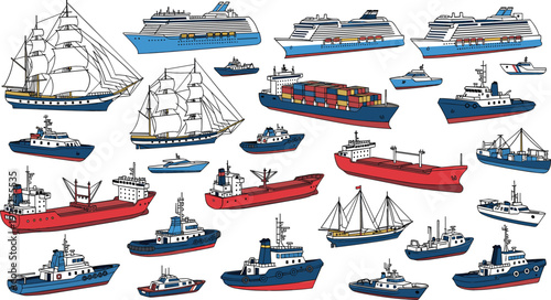 Collection of Ships and Boats with Cruise Liner, Cargo Vessel, Sailboat, Tanker and Naval Warship Cartoon Vector Illustration Set