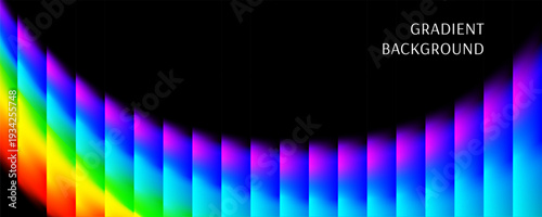 Abstract wavy rainbow gradient background. Horizontal wide graphic with aesthetic ribbed fractal glass effect. Ribbed glass blur template for desktop, website page, advertising