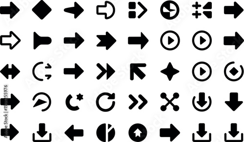 A versatile collection of black arrow and navigation icons, depicting directions, movement, download, upload, refresh, and playback, presented cleanly on a white background.