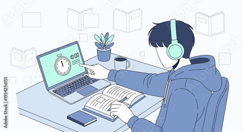 Student studying online with laptop and headphones, focused learning