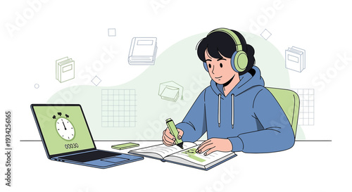 Student studying online with laptop and headphones, taking notes