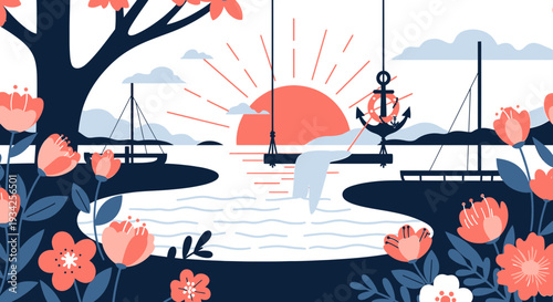 Summer Seaside Scene: Swing with Anchor, Sailboats, and Blooming Flowers