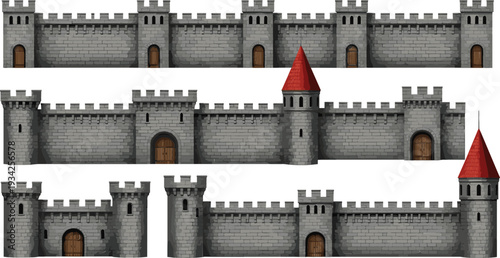 Medieval Stone Castle Wall Collection with Towers, Gates and Red Roof Turrets Isolated Fantasy Architecture Vector Illustration Set