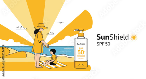 Sun Protection on Beach: Mother Applying Sunscreen to Child, SPF 50 Bottle