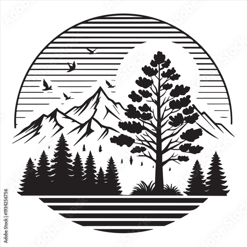Sailing ship silhouette and vector illustration of a tropical island with a sailing boat featuring a snowy winter forest pattern of fir and pine trees for a holiday season celebration design