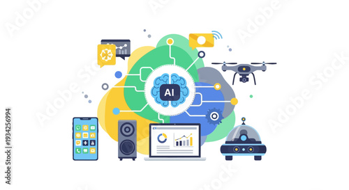 Artificial Intelligence (AI) Central Brain Connecting Smart Technology Ecosystem and Internet of Things (IoT). Machine Learning and Data Network Concept.