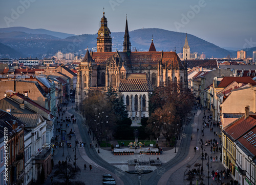 Kosice Cathedral Architecture And Pedestrian Street At Winter Sunset