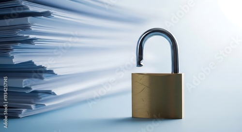 Secure confidential documents with unlocked padlock beside a stack of files