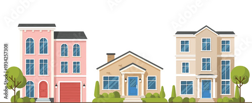 Residential Houses Collection with Modern Family Homes, Townhouse and Suburban Architecture Vector Illustration Set