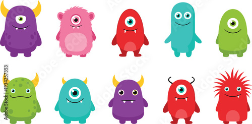 Cute Cartoon Monster Characters Collection with Colorful One Eyed and Horned Funny Creatures Vector Illustration Set