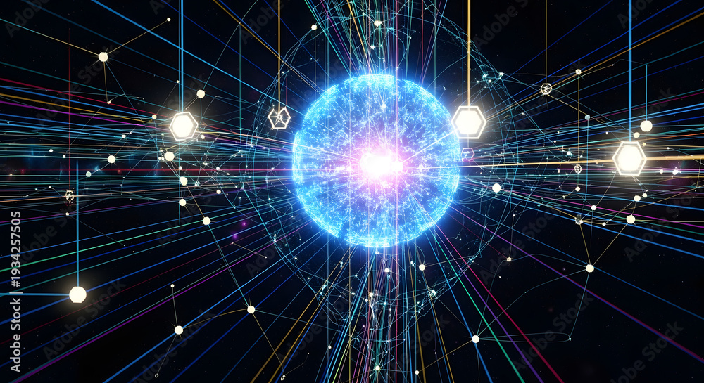 Obraz premium Celestial Sphere: A radiant sphere, illuminated by an intense burst of energy, is interwoven with luminous strings, suggesting a complex network of interconnected systems.