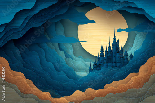 Intricate paper-cut art of a blue fantasy castle silhouette framed by swirling waves under a large glowing full moon.