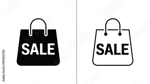 A black and white icon set displays a shopping bag with the word 'SALE' clearly visible.