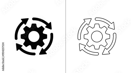 A mechanical gear symbol is encircled by three rotating arrows indicating a continuous process or cycle.
