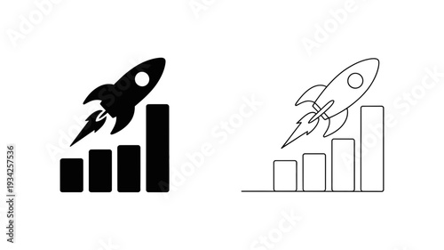 A vibrant rocket icon launches upwards from a rising bar chart, symbolizing rapid growth and success.