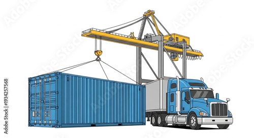 Large industrial crane lifting a blue shipping container onto a truck.