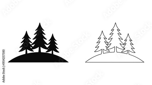 Three stylized evergreen pine trees are depicted standing together on a small hill in a natural landscape.