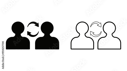 Two human figures with arrows between them represent a concept of exchange, interaction, or communication.