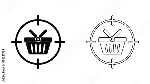 A shopping basket centered within a target crosshair signifies targeted marketing or sales goals.
