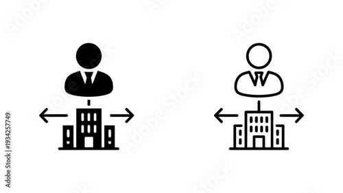 A person connected to several buildings with arrows represents decentralization, multiple locations, or widespread management.