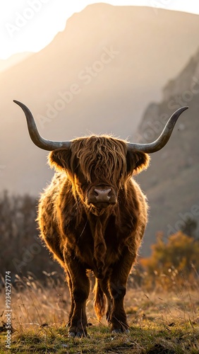 A majestic Highland cow basking in warm sunlight, with mountains in background