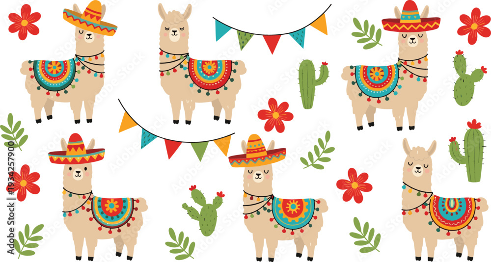 Naklejka premium Seamless Mexican Llama Pattern with Sombrero, Cactus, Flowers and Festive Bunting Vector Illustration Background