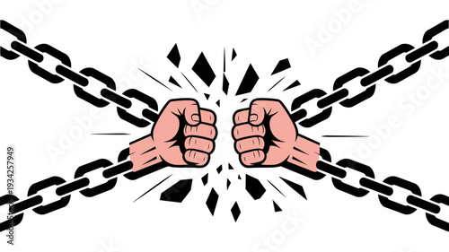 A dynamic monochrome illustration of two bare fists punching outwards to break four chains, symbolizing raw power and the fight for freedom.