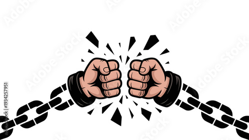 Strong fists breaking a heavy metal chain symbolizes freedom, power, and overcoming obstacles.