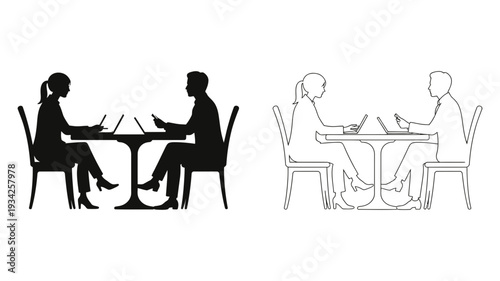 Two business professionals working diligently on laptops at a table, depicted in both silhouette and outline styles.