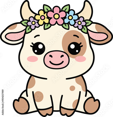Cute Baby Cow with Flower Crown Cartoon Vector Illustration.