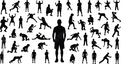 Athlete silhouettes set men and women fitness workout poses running jumping stretching isolated vector illustration on white background
