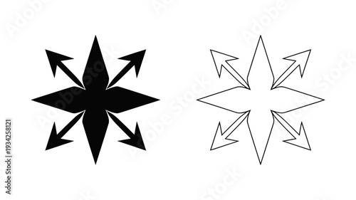This solid black icon features a central star-like shape with four arrows pointing outward in all directions.