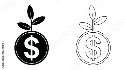 A solid black icon visually represents a dollar coin with a healthy plant sprouting from its center.