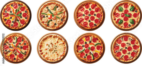 Assorted top view pizzas collection with pepperoni, vegetables and cheese toppings, delicious Italian food illustration isolated on white background