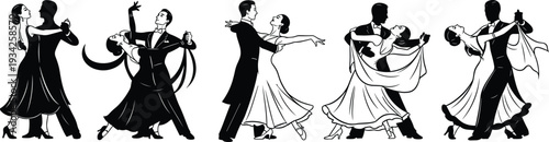 Ballroom dance couple silhouettes in elegant waltz poses, black and white classic ballroom dancing illustration set