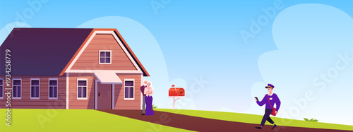 The postman delivers a letter to an elderly couple, vector cartoon postman with parcels delivers mail using smartphone