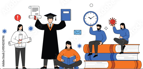 Students and Graduate Studying During Pandemic with Books, Online Learning Icons and Social Distancing Vector Illustration