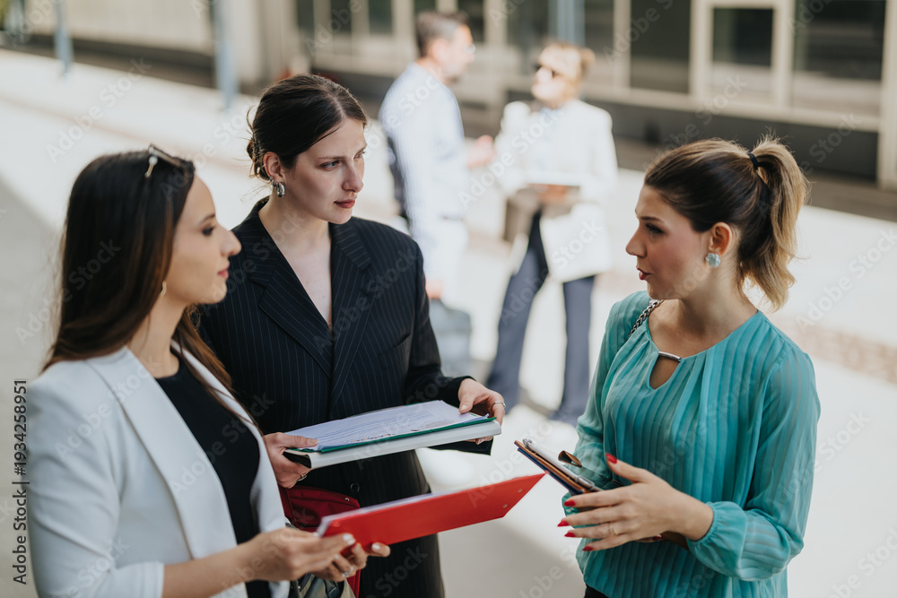 Fototapeta premium Three professional women discuss documents and ideas while standing outdoors. A candid scene of colleagues in conversation and collaboration during a work meeting.