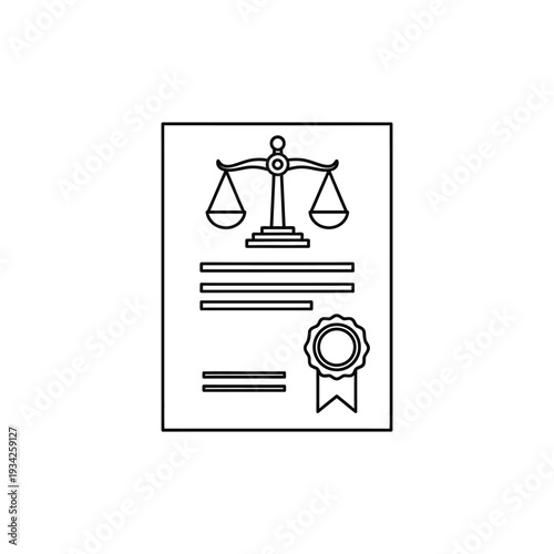 Official document with scales of justice and certificate icon on white background illustration