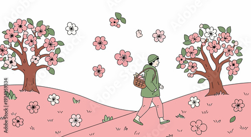 Spring Walk: Woman in Blossom Garden with Falling Petals