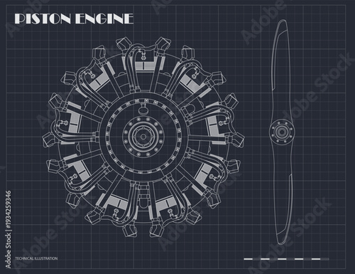 Aircraft piston engine. Outline blueprint. Rotor radial motor. Industrial drawing. Sketch of retro machine