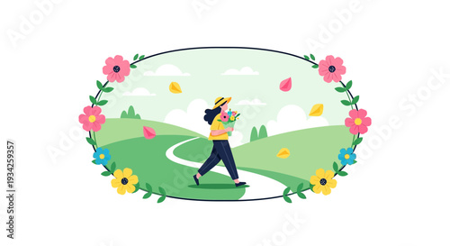 Spring Walk: Woman with Flowers on Winding Path, Floral Frame
