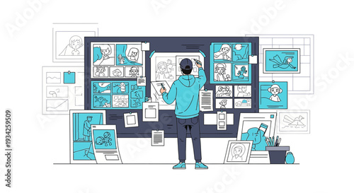 Storyboard Artist Creating Visual Narrative on Large Board