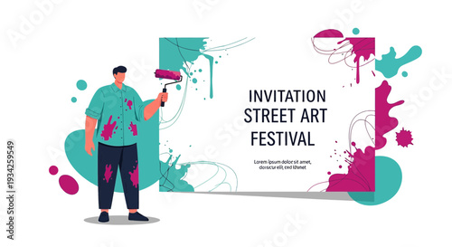 Street Art Festival Invitation: Artist Painting Colorful Splash Design
