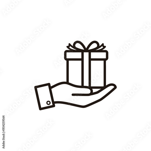 Hand holding a gift box with a bow, illustration of a generous act, simple line art